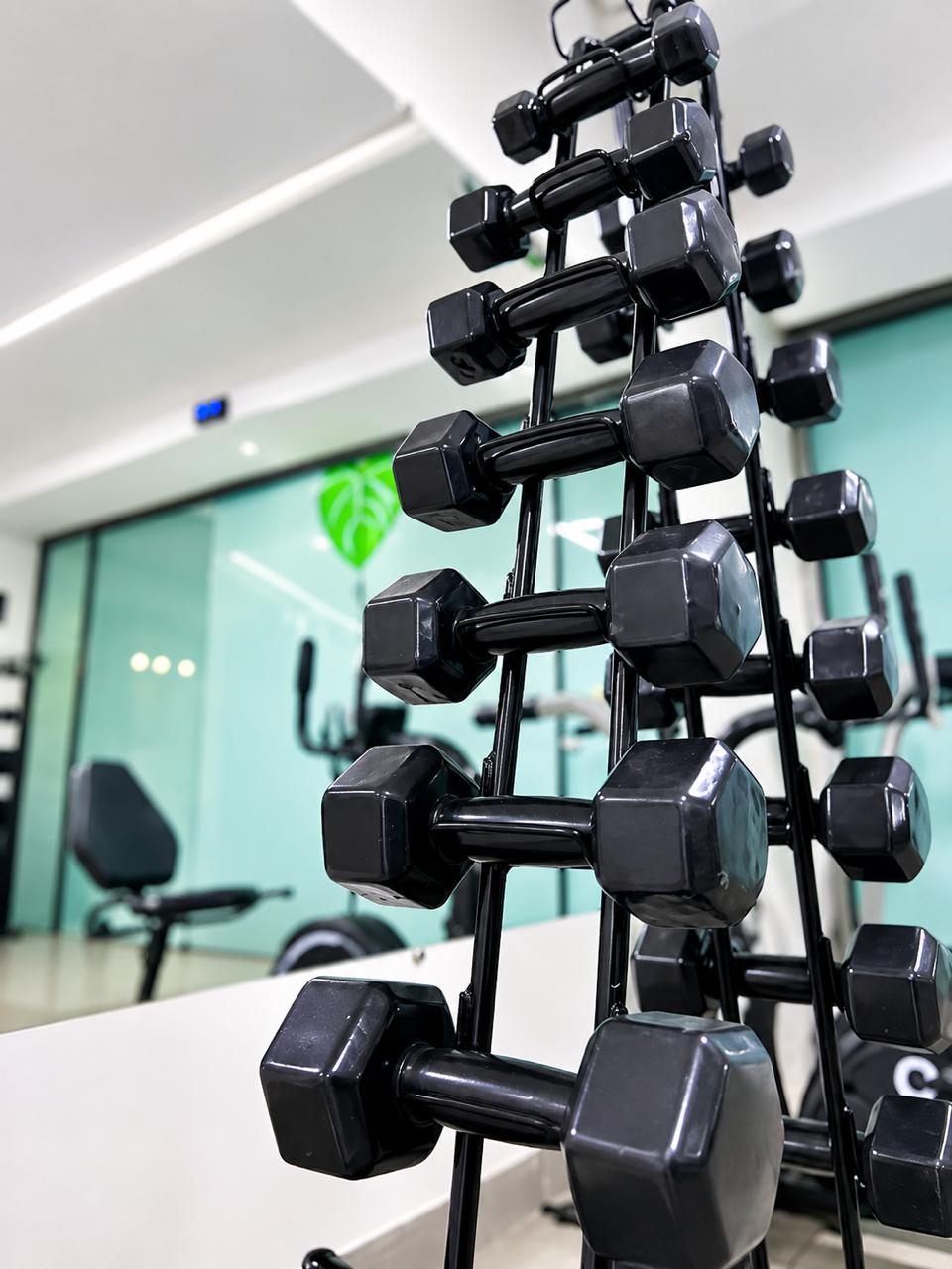 Área de treinamento com halteres e equipamentos